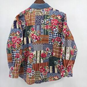 Capacity Womens Small Patchwork Floral Button Up Shirt Denim Collar 100% Cotton